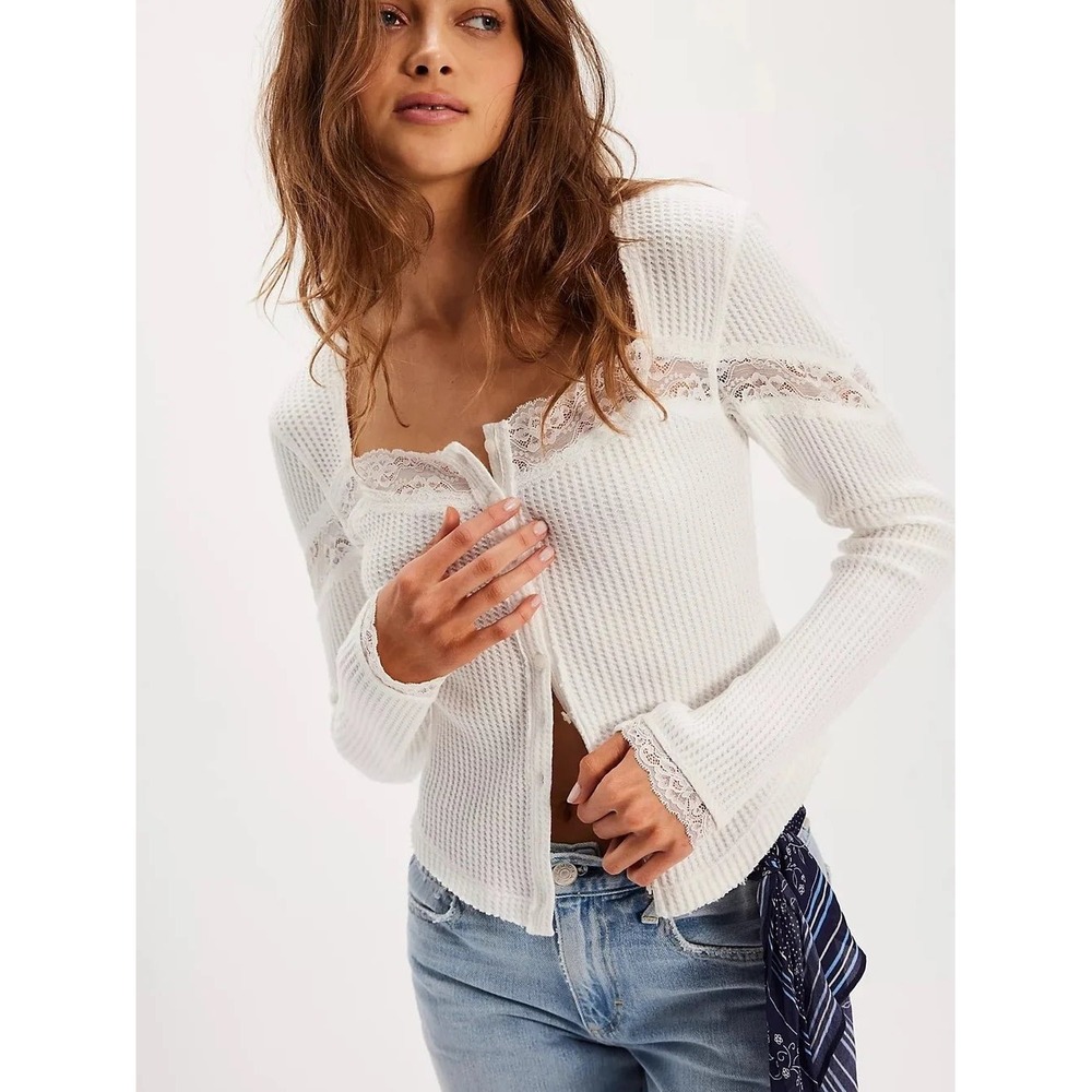 Free People Top Lets Party Cardi NEW Lace long Sleeve White Medium